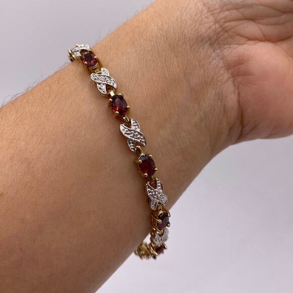 Gold Plated Tennis Bracelet with Red Garnet CZ Stones Size 7” - Picture 2 of 5